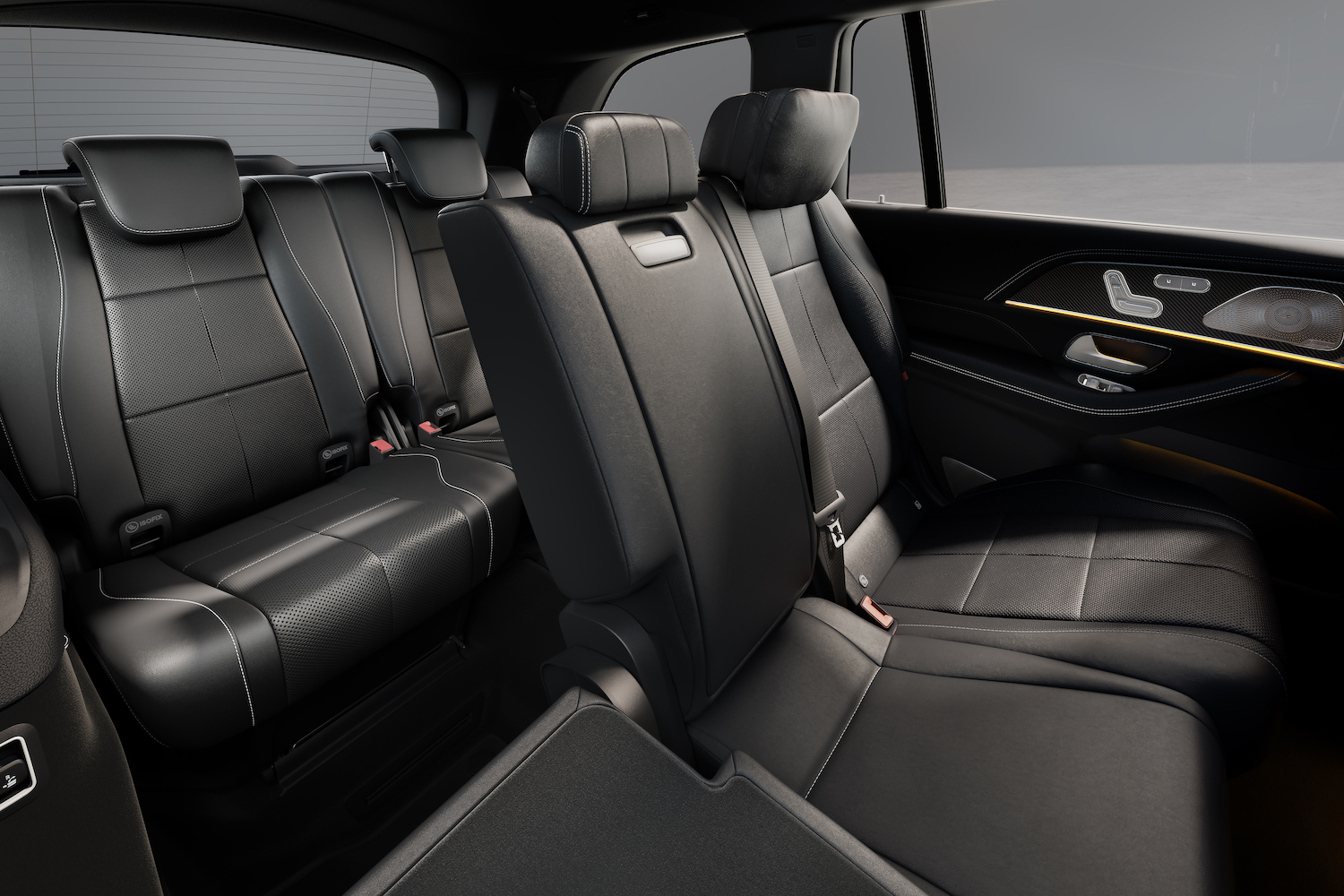Rear seats in the 2024 Mercedes-Benz GLS AMG 63 from outside the SUV.