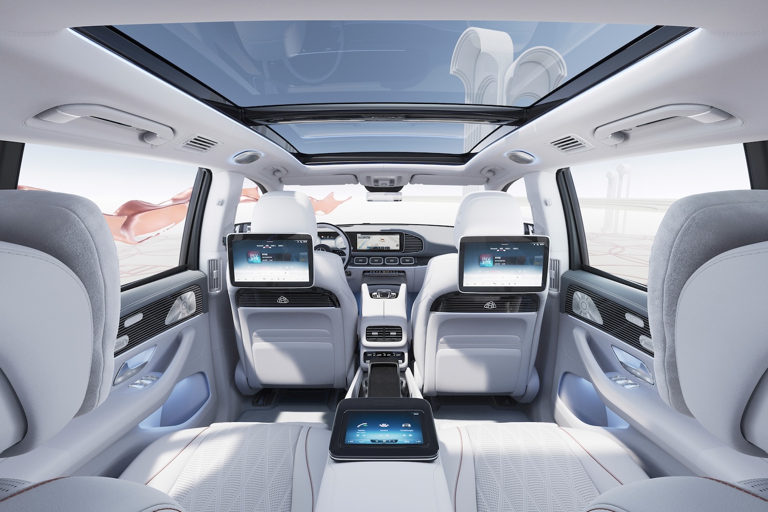 Interior of the 2024 Mercedes-Benz GLS Maybach 600 from the rear seats.