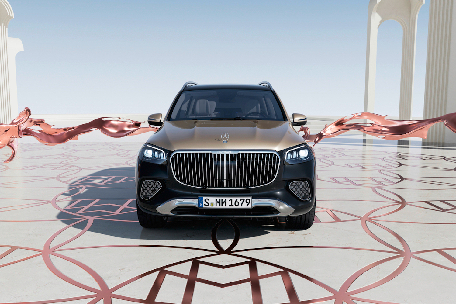 2024 Mercedes-Benz GLS Maybach 600 front end close parked in front of the Maybach logo.