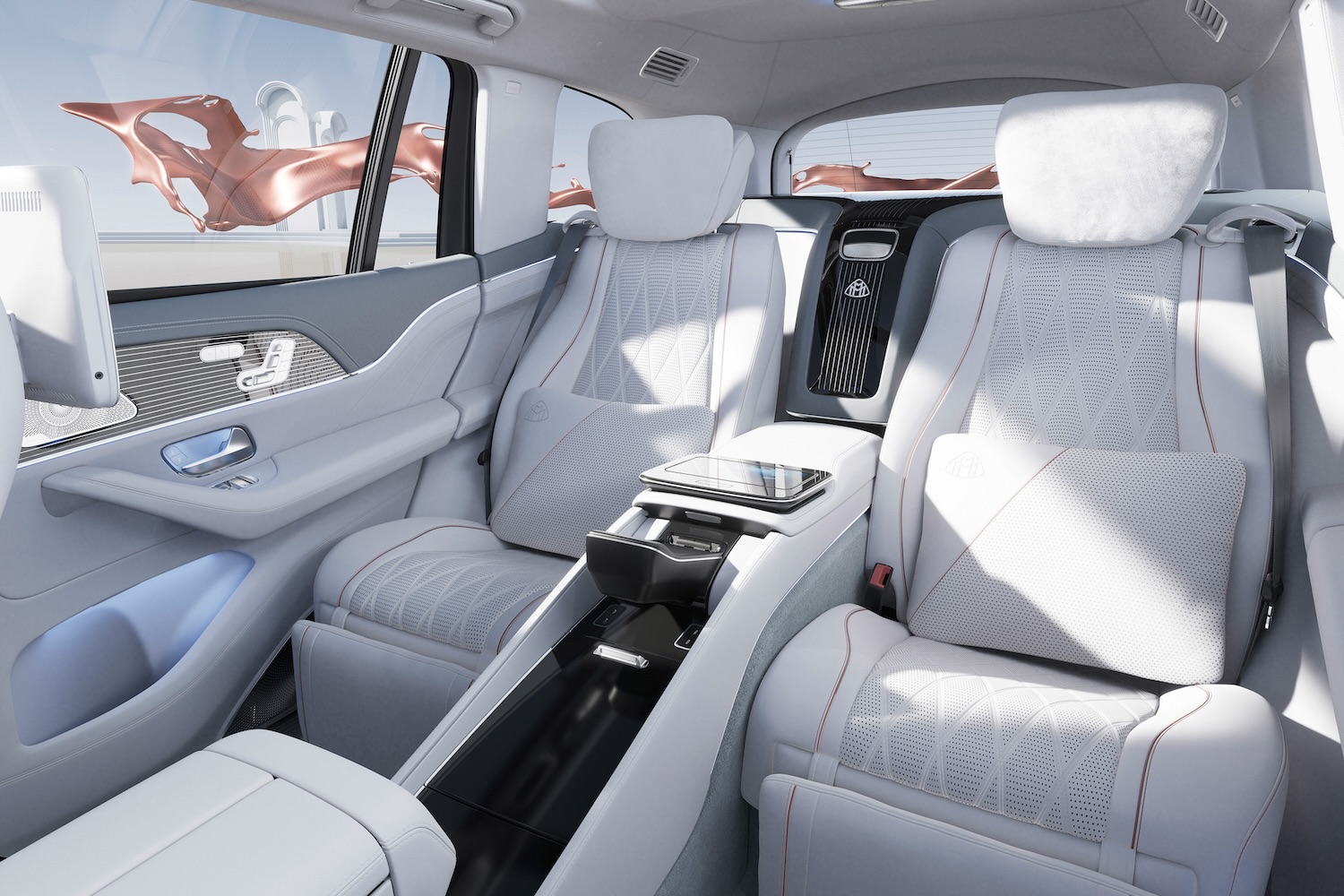 Rear seats in the 2024 Mercedes-Benz GLS Maybach 600 from the front.
