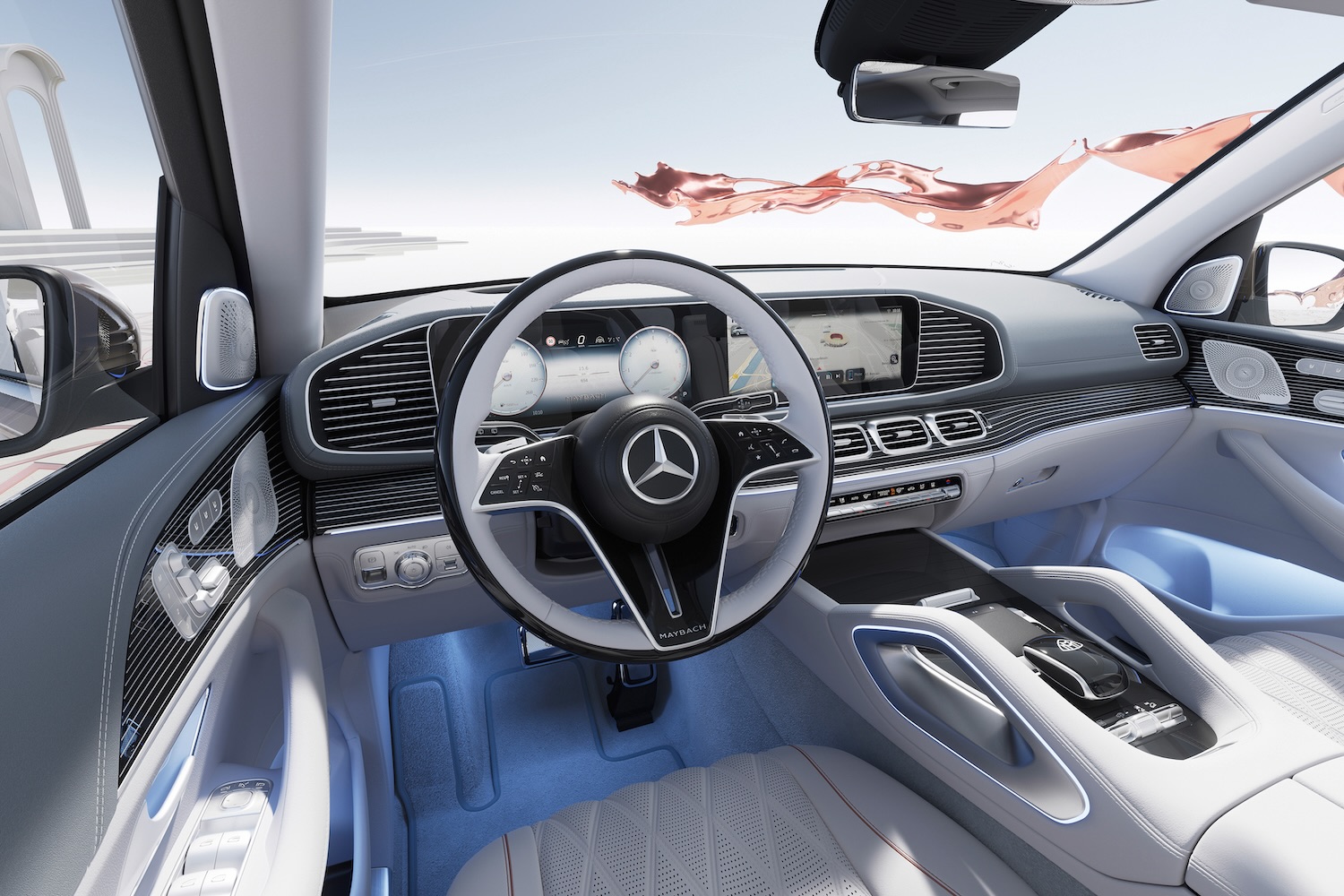 Close up of steering wheel and dashboard in the 2024 Mercedes-Benz GLS Maybach 600.