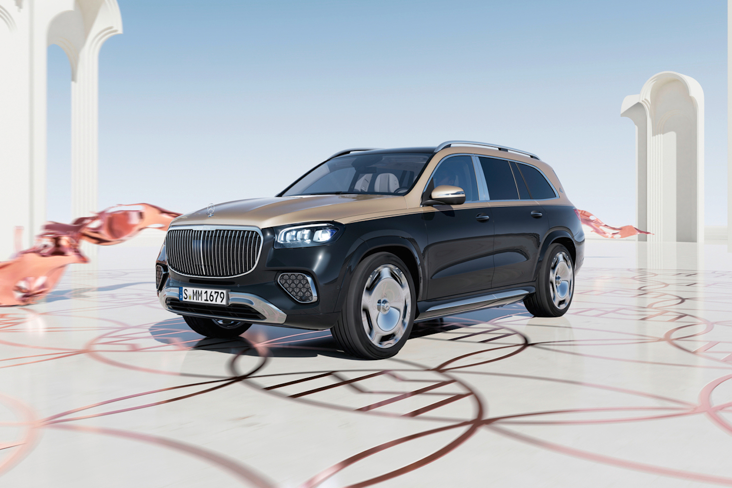 Front end angle of the 2024 Mercedes-Benz GLS Maybach 600 parked in front of the Maybach logo.