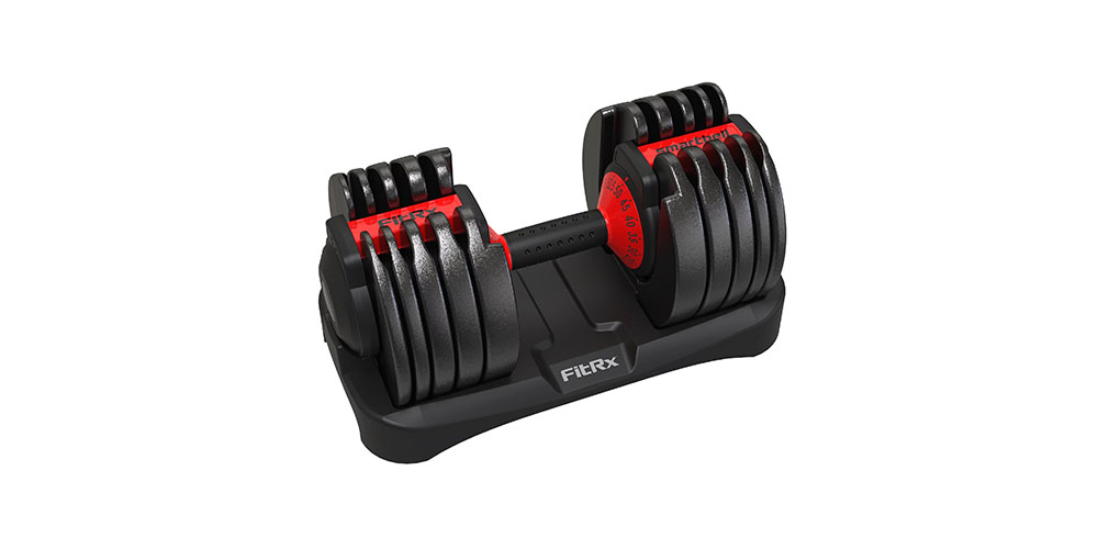 The FitRx SmartBell Adjustable Dumbbell on a white background.