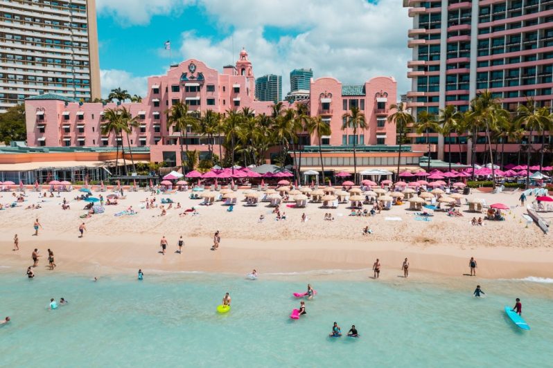 A view of a crowded beach in Hawaii.