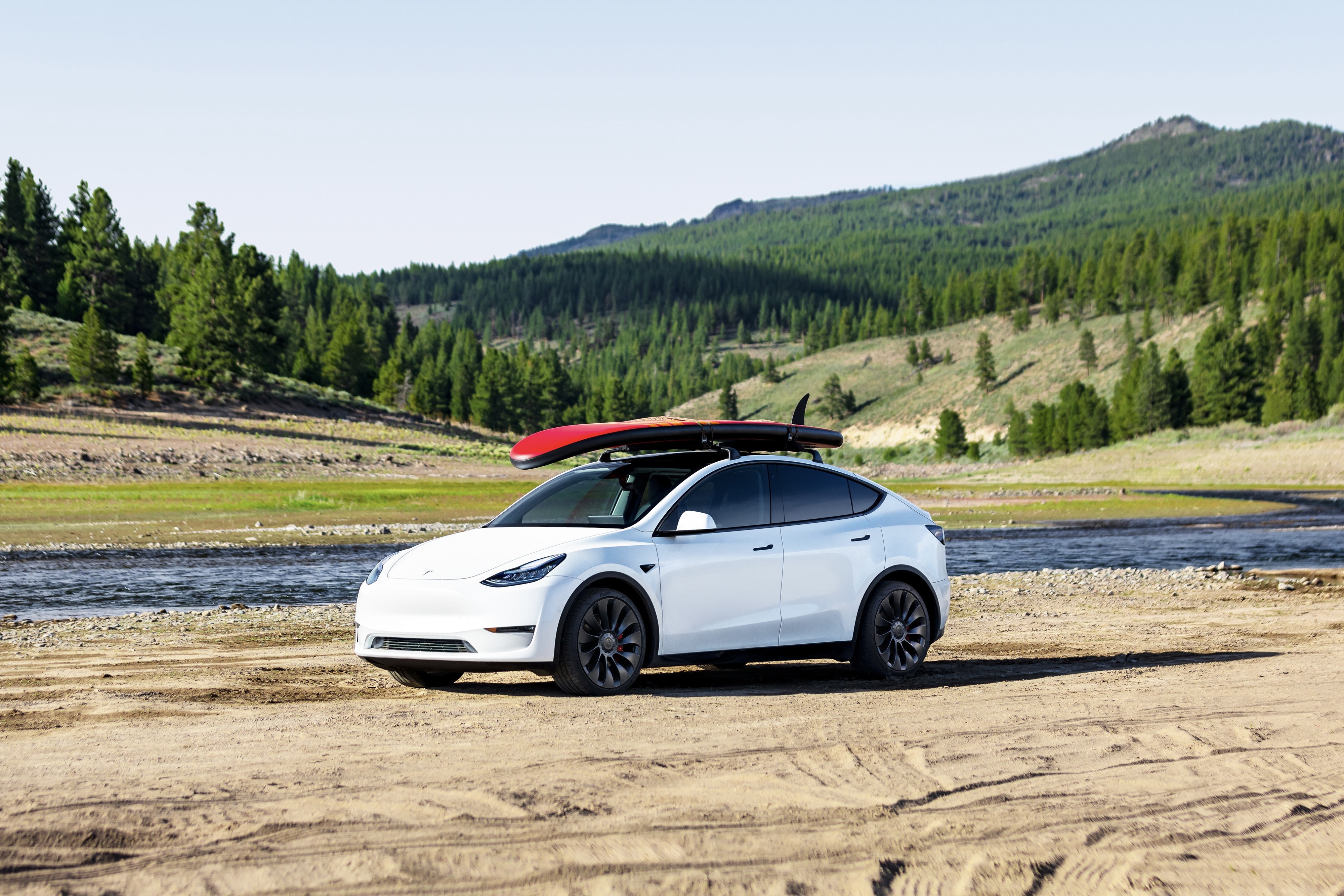 Front end angle of the Tesla Model Y parked in the woods with green hills in the back.