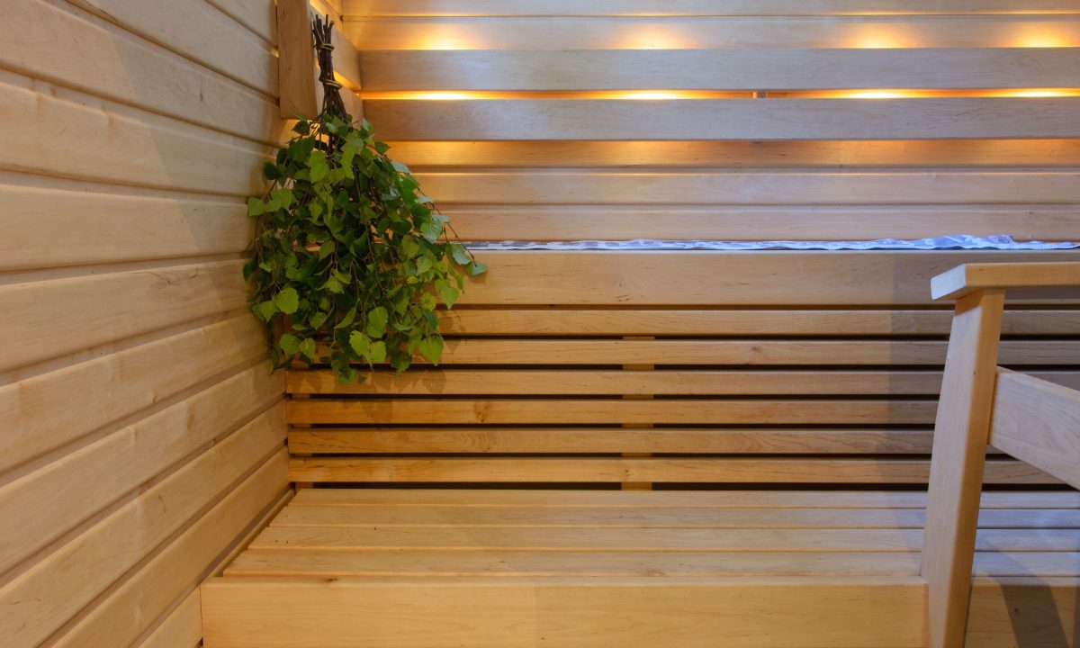 Birch vihta hanging in a Finnish sauna.