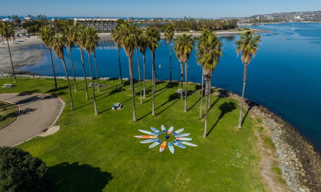 A circle of Isle SUPs laid out on the lawn on the island where they're made.