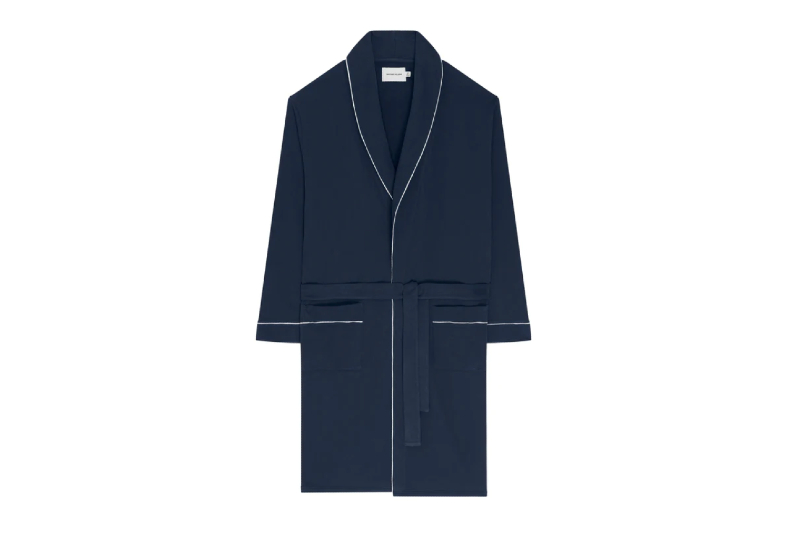 A navy blue David Gandy Wellwear Robe on a white background.