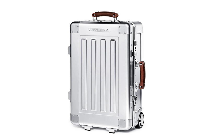 Sterling Pacific 35L Cabin Travel Luggage in a silver aluminum finish on a white background.