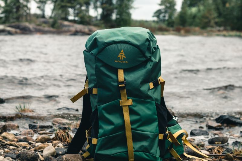 One green backpack on a brown wooden log in the woods.