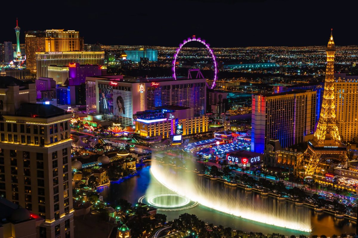 A view of the Vegas strip at night.