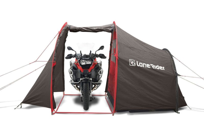 Motorcycle parked inside a Lone Rider MotoTent Motorcycle Camping Tent on a white background.