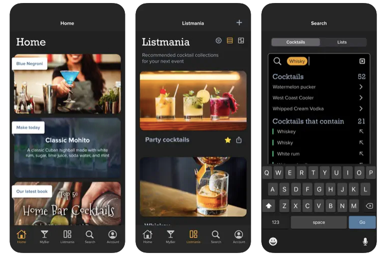 Screenshots from the Make Me A Cocktail app.