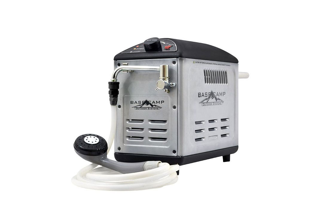 Mr. Heater BOSS-XW18 Basecamp Battery Operated Shower System on a white studio background.