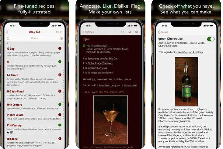 Screenshots from the PDT cocktail app.