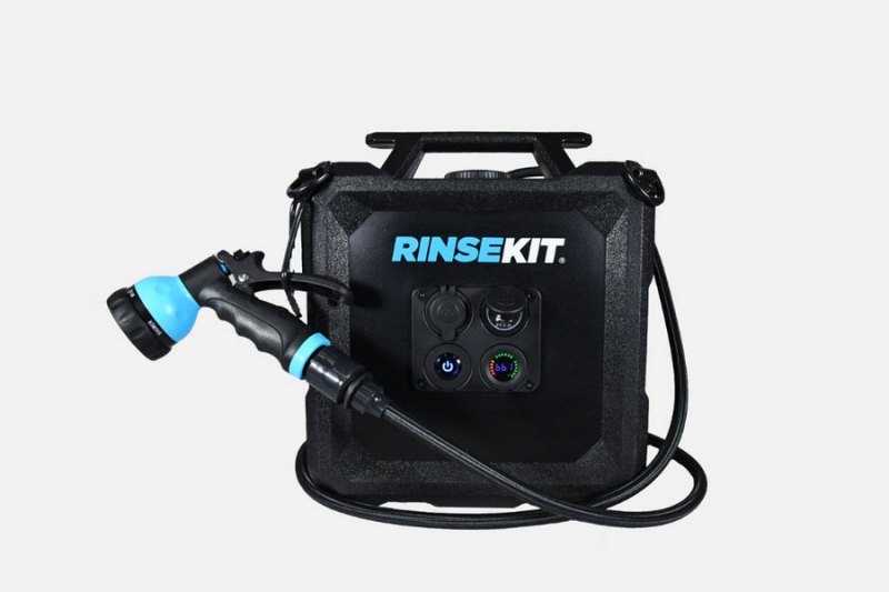 RinseKit Cube Portable Shower for camping on a plain studio background.