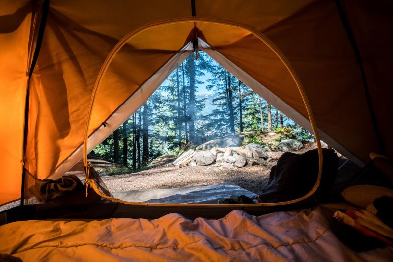 A view from the inside of a tent looking out on a campground.