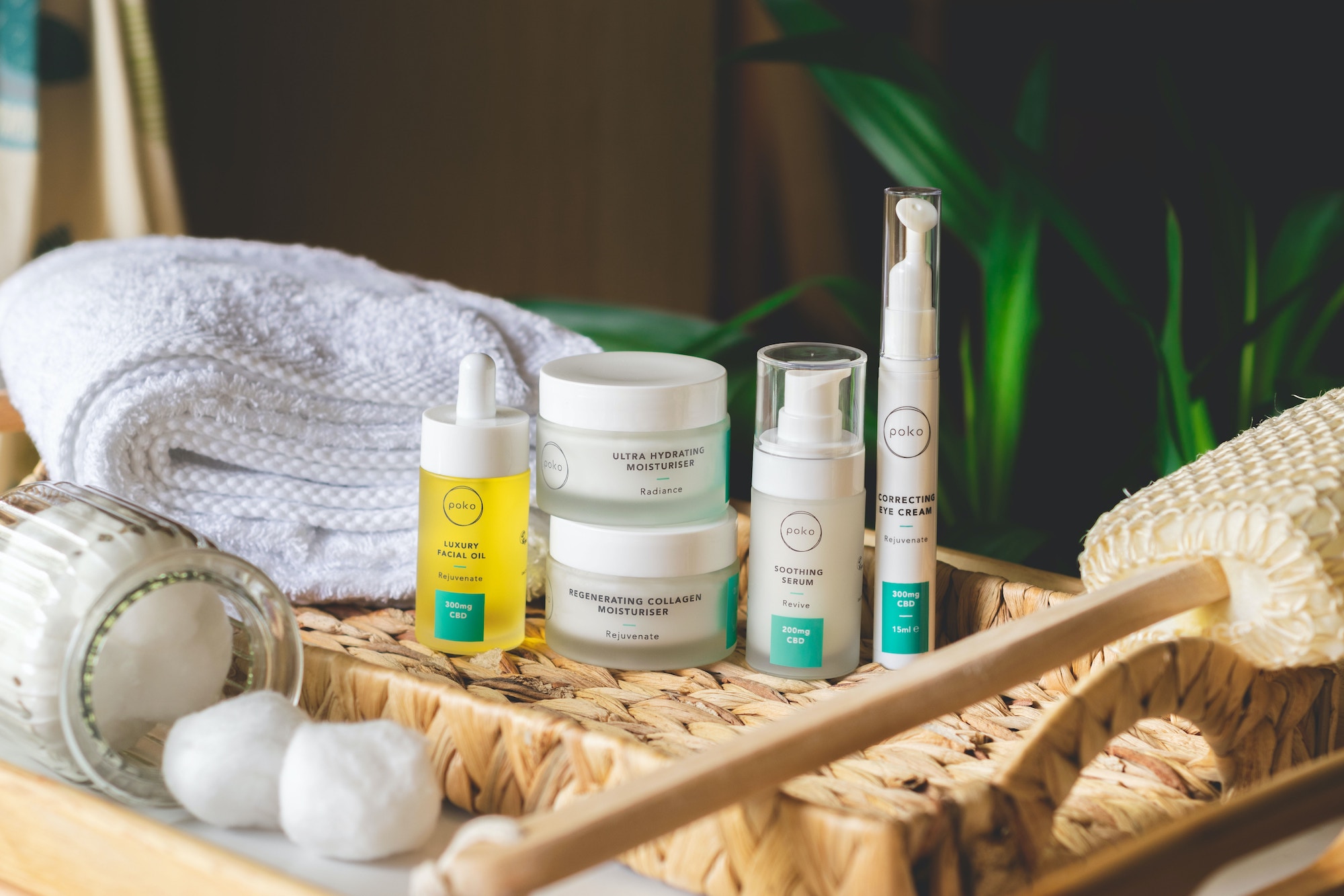 Skincare products with white towel