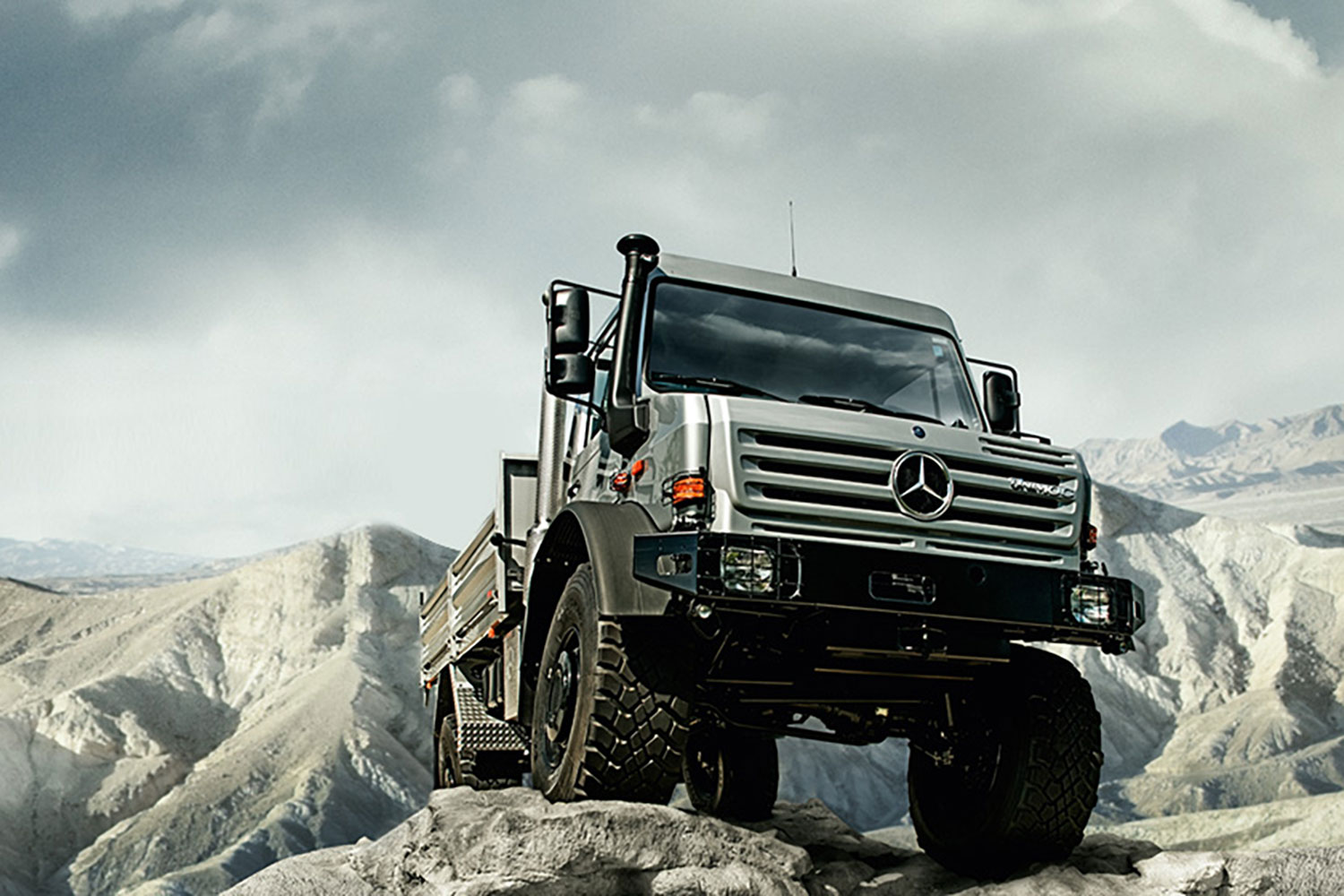 Unimog U 4000 / U 5000 extreme overlanding vehicle parked in a rugged location.