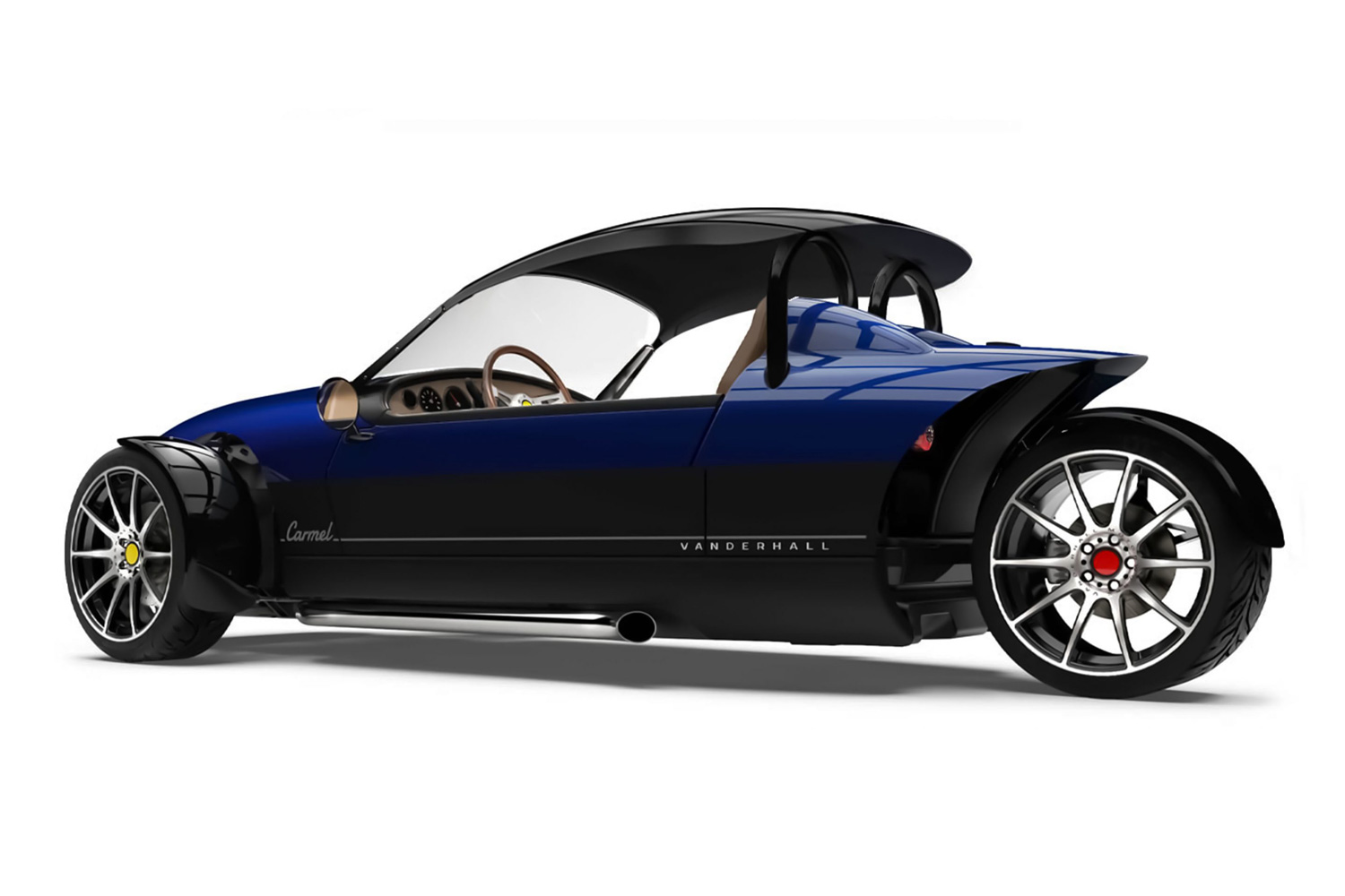 Vanderhall Carmel Three-Wheeler car in blue, isolated on a plain white background.