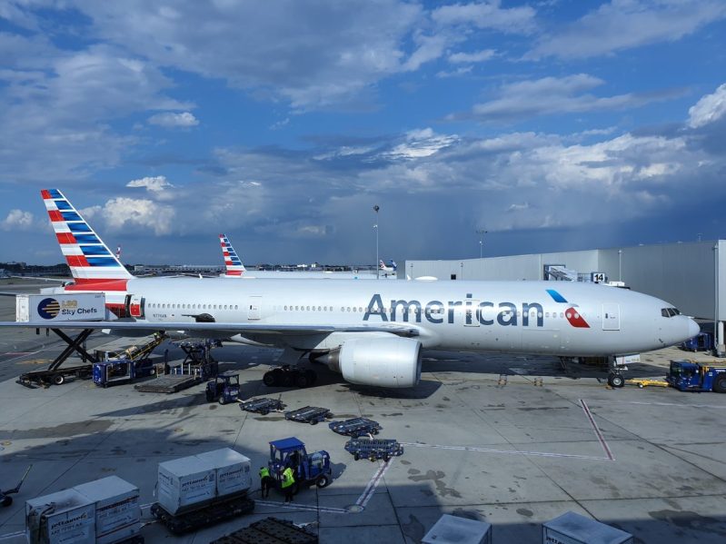 An American Airlines airplane in an airport.