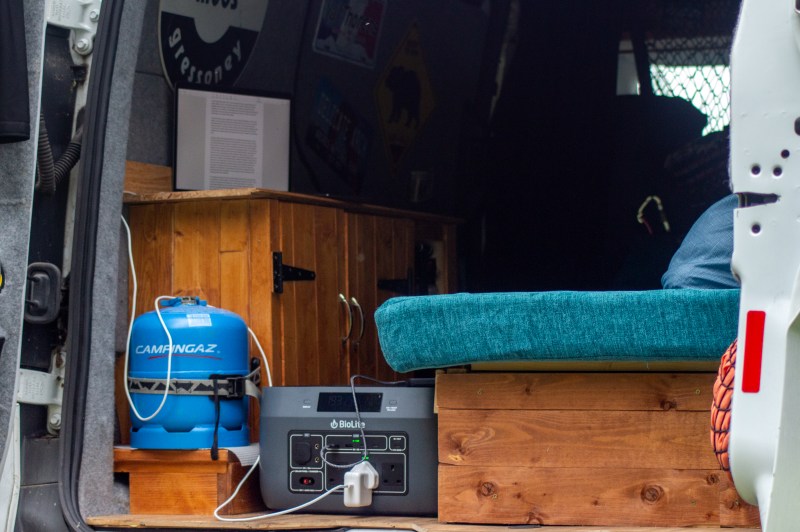 A BioLite BaseCharge unit in the back of a converted van
