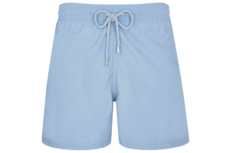 Vilebrequin Solid Swim Trunks in powder blue on a white background.