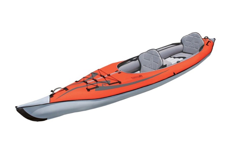 Advanced Elements AdvancedFrame Convertible Tandem Inflatable Kayak isolated on a plain white studio background.