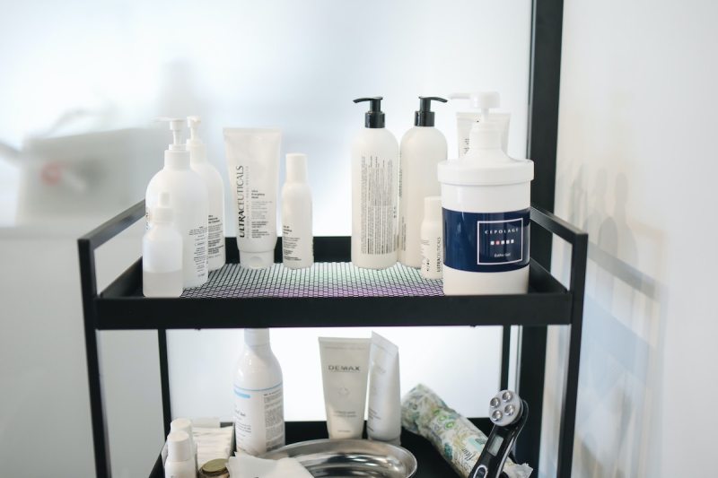 A cart of skincare products
