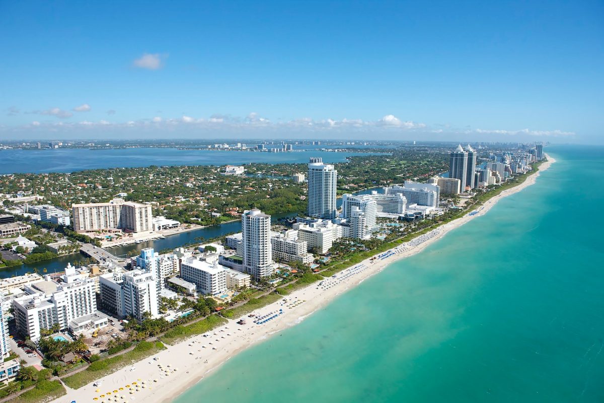 An aerial view of the coast of Miami beach.