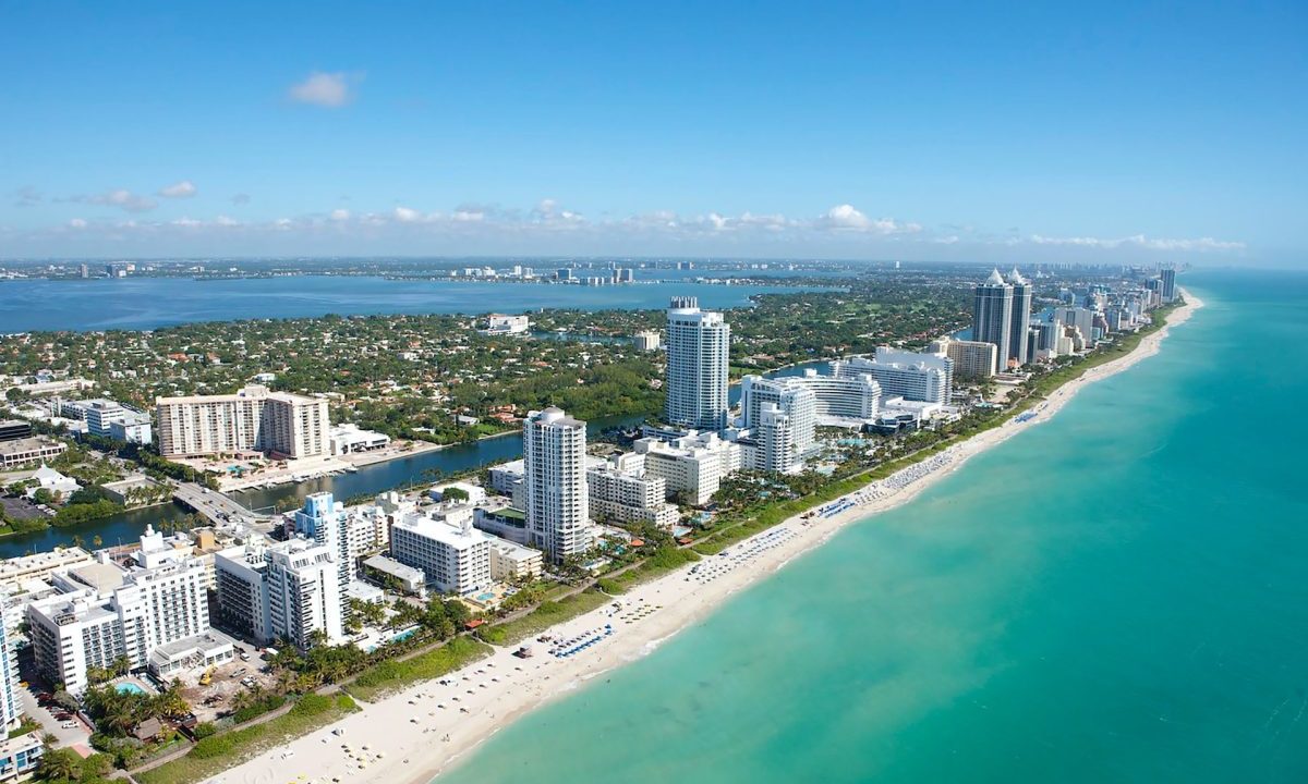 An aerial view of the coast of Miami beach.