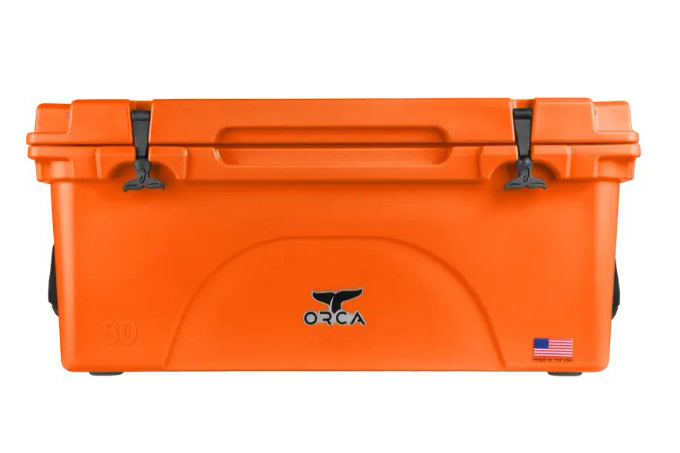 Orca 80 QT Cooler (in orange) on a plain white studio background.