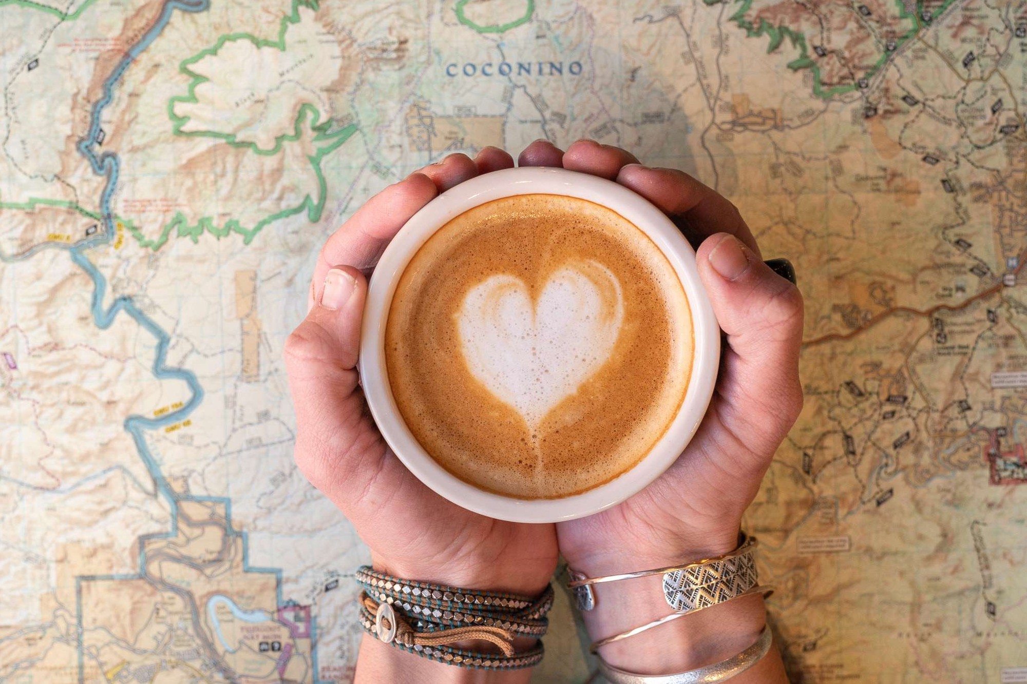 A person holds a cup of cappuccino at Late for the Train.
