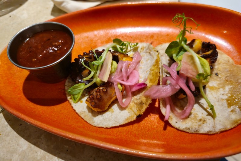 A plate of octopus tacos at El Palmar Restaurant at The Westin Resort & Spa, Puerto Vallarta, in Puerto Vallarta, Jalisco, Mexico.