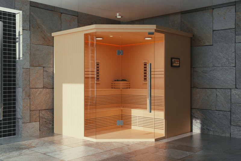 Infrared sauna in the corner of a room.