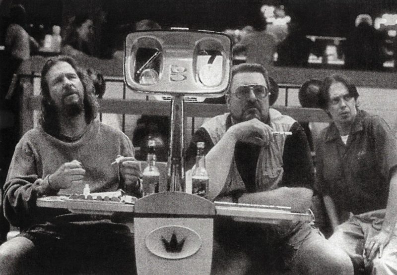 The cast of The Big Lebowski in the bowling alley