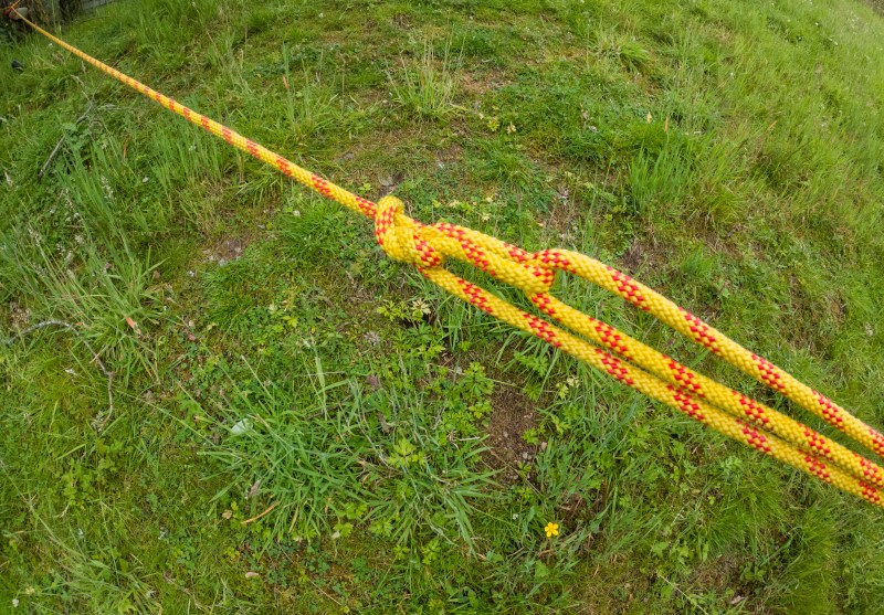 A trucker's hitch tied in yellow rope.