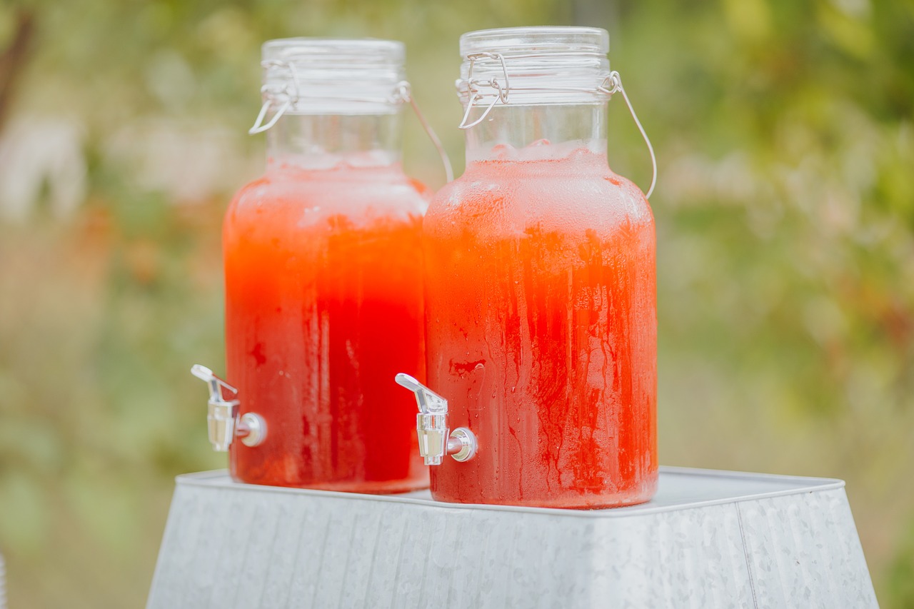 Juice in pitchers.