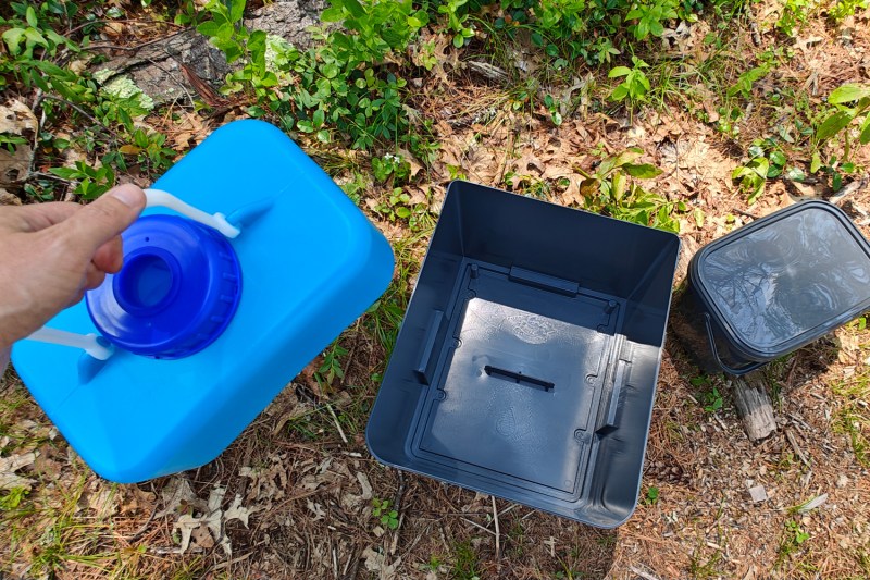 Separate waste chambers of the Trelino Evo S portable RV composting toilet.