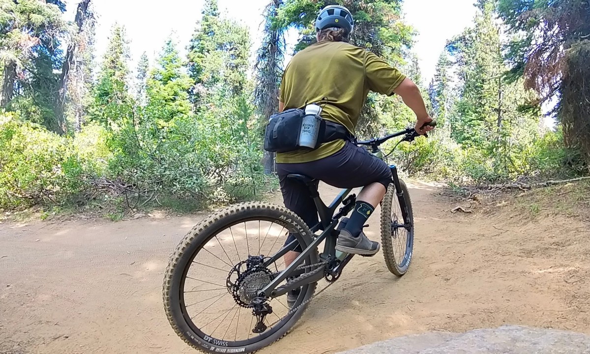 At the top of the trail in Evo's Bike Shorts and Evo's Bike Jersey