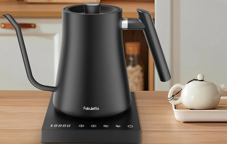 Fabuletta gooseneck electric kettle on a table.