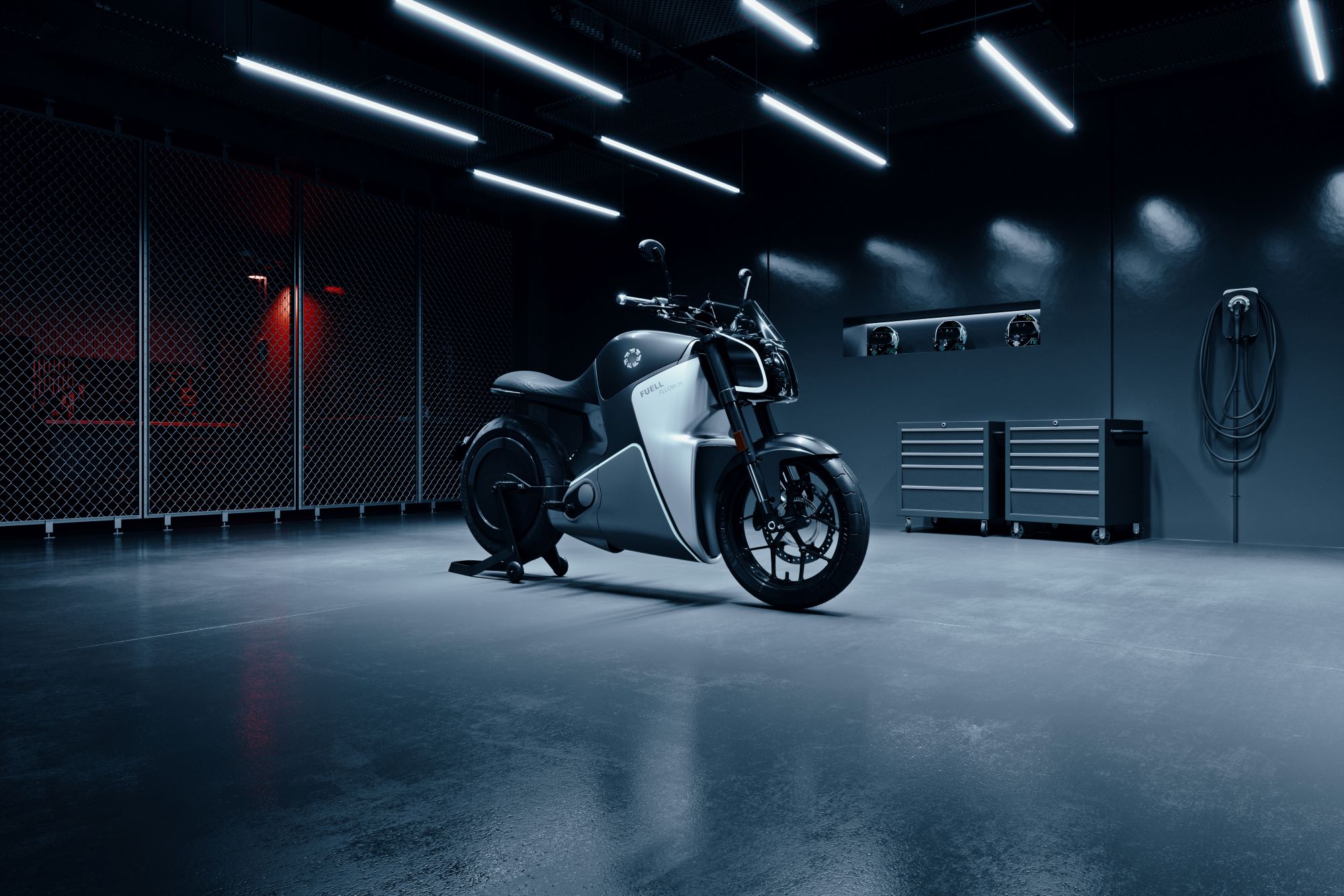 Fuell Fllow motorcycle parked in a garage 