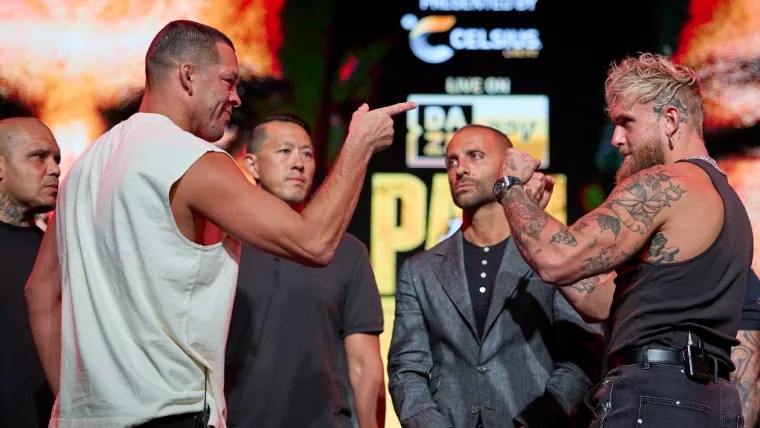 Jake Paul and Nate Diaz face to face ahead of their boxing match.
