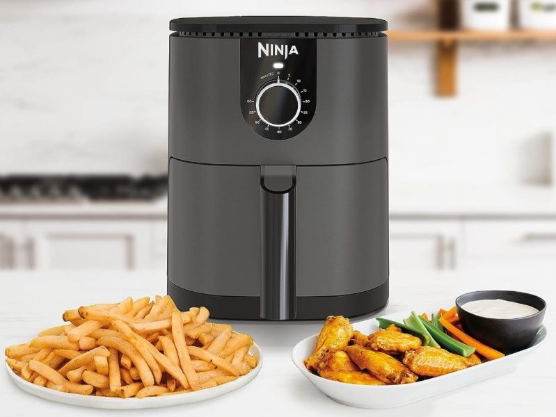 The Ninja AF080 Mini Air Fryer with two plates of food.
