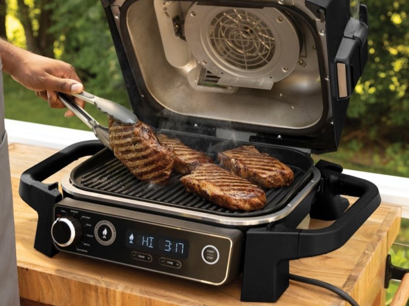 Ninja Woodfire 7-in-1 outdoor grill and smoker with wood pellets.