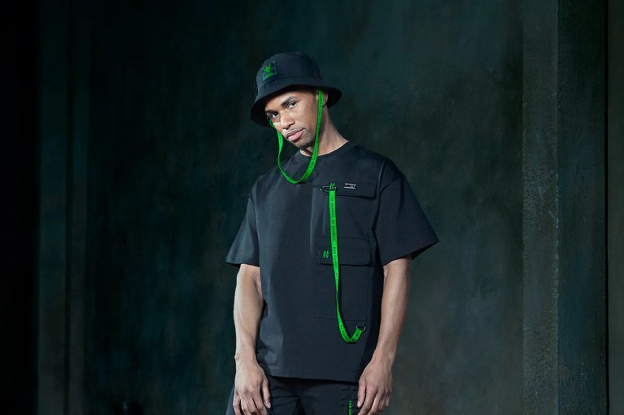 Man with dark background wearing Razer Xanthus apparel