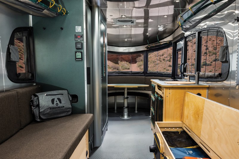 Interior of the Airstream REI Co-op Special Edition Basecamp 20X travel trailer.