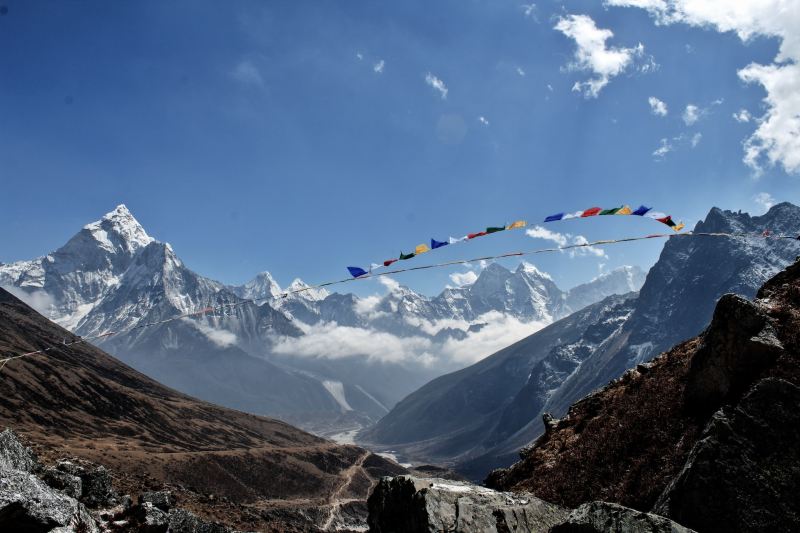 Prayer flags in front of Mount Everest.