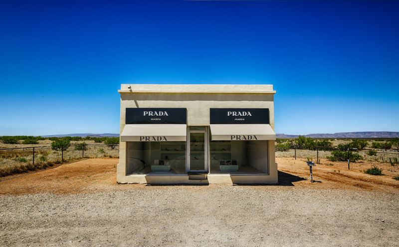 An art installation Prada storefront in Marfa, Texas on Route 90