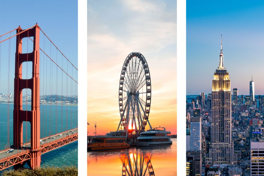 Photo collage of California, Maryland, and New York